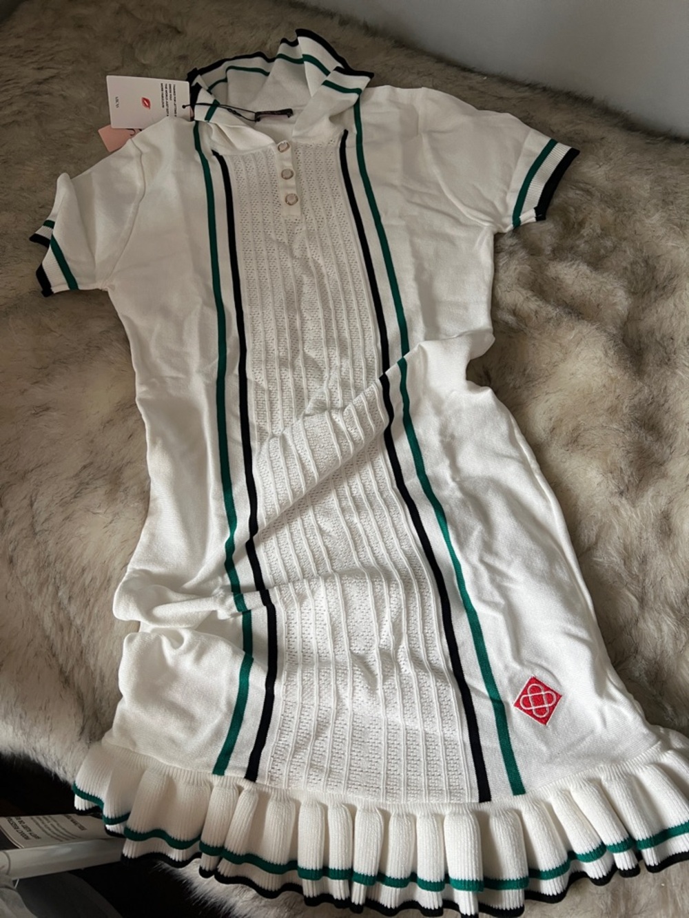 White Knit Polo Dress with Green & Black Stripes